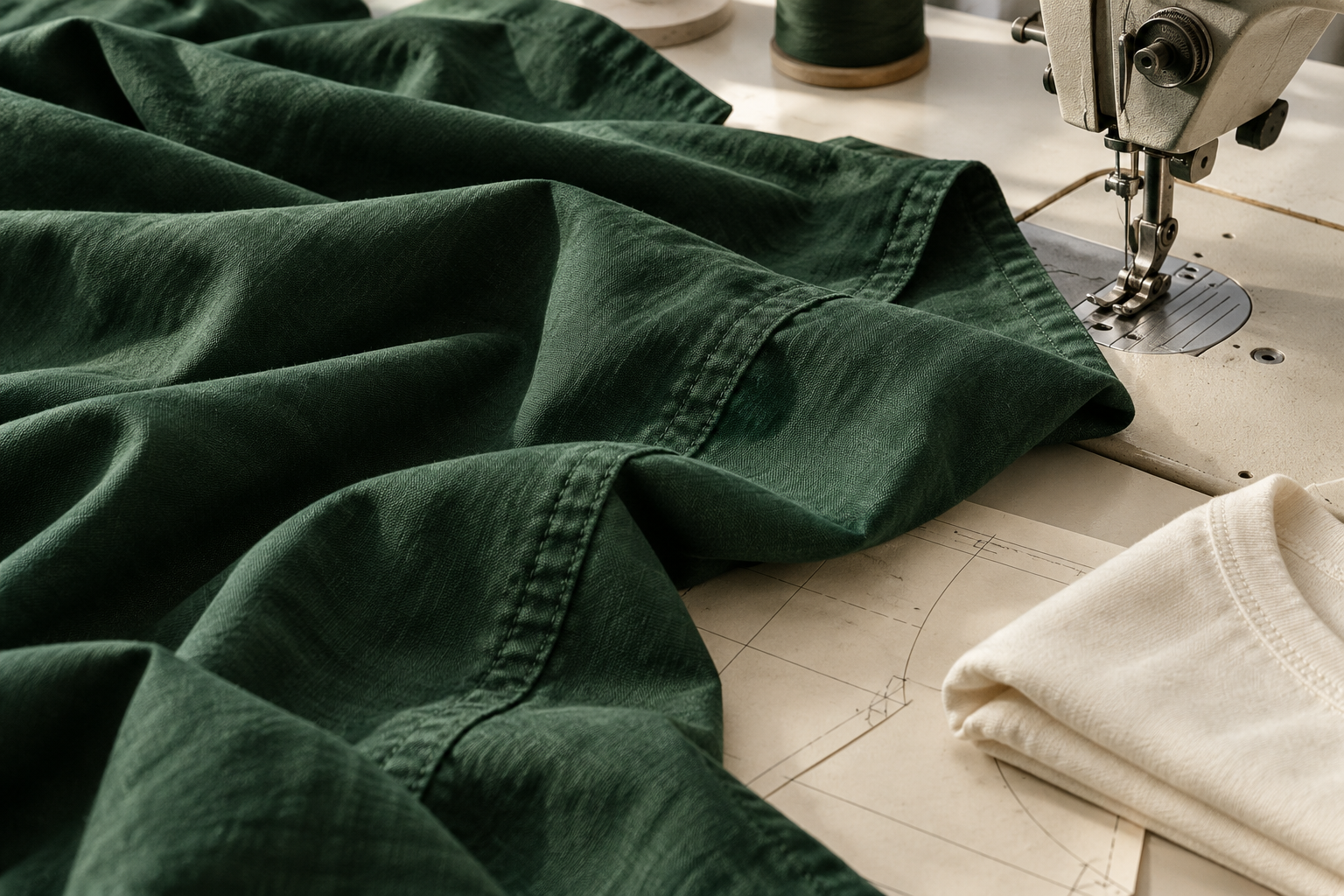 Illustrative close-up of green fabric beside a sewing machine